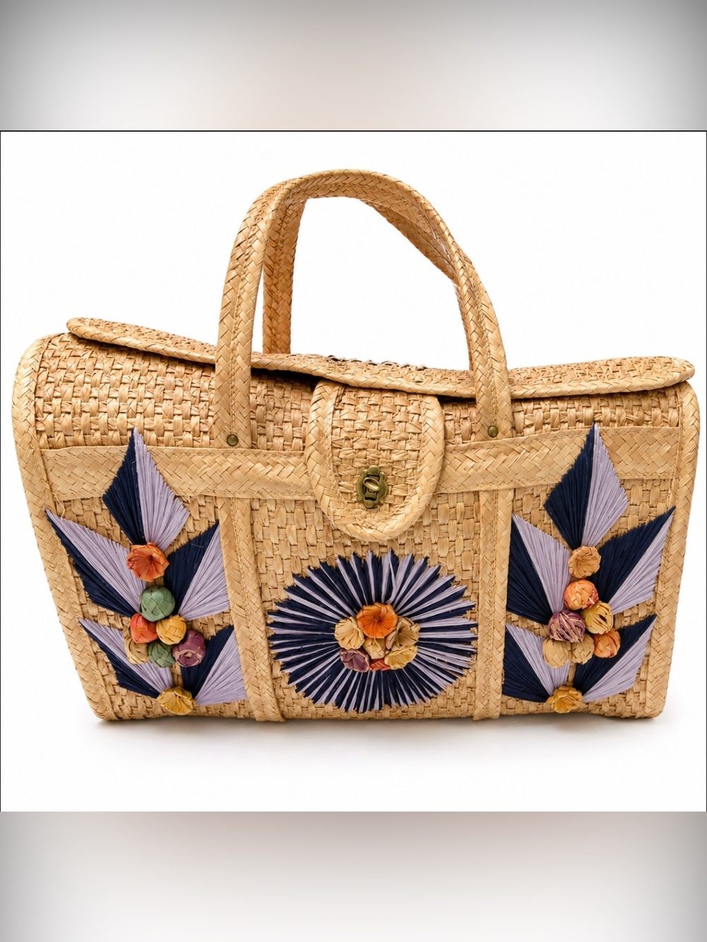 Vintage Mexico Hand Woven Straw Raffia Wicker Beach Tote Market Bag Purse Summer - Picture 2 of 6